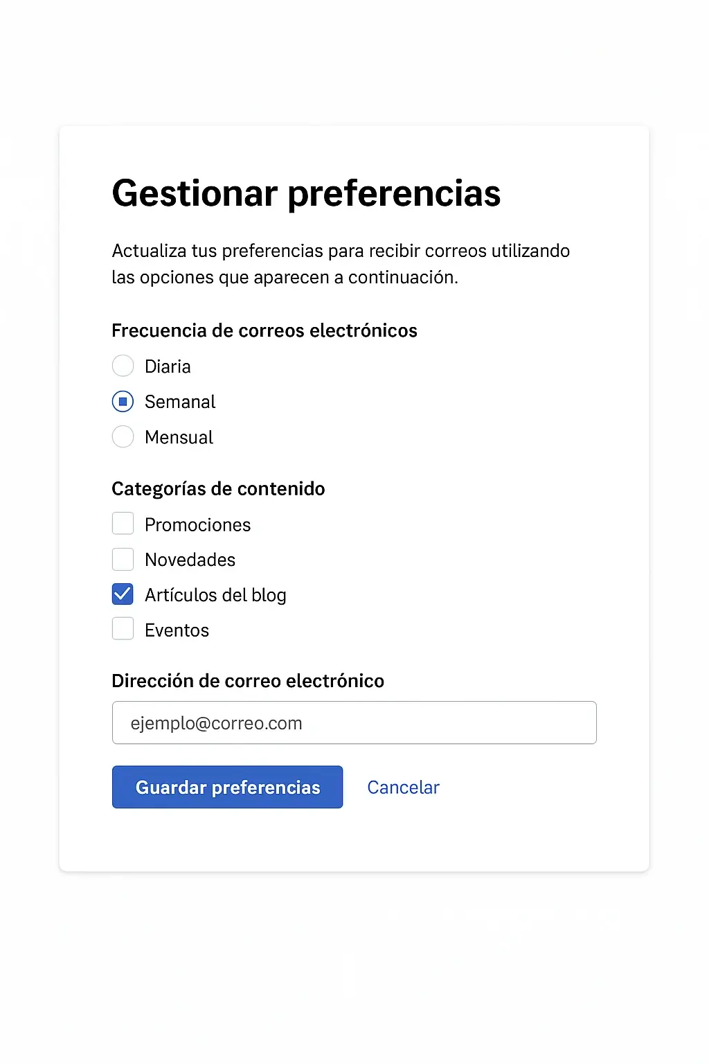 Ejemplo de página de preferencias de envío Ejemplo de página de preferencias de envío